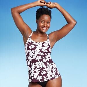 Kona Sol Women's Scoop Neck Adjustable Tankini Top Burgundy Floral Size XS (0-2)